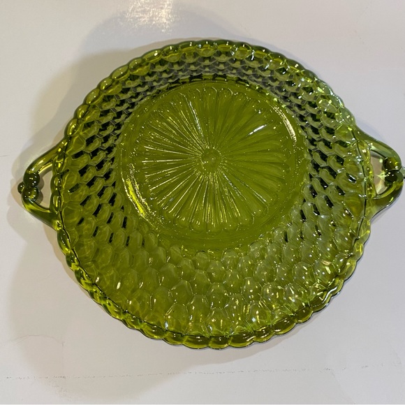 Indiana Glass honeycomb glass relish tray/bowl in avocado green glass GUC MCM - Picture 2 of 5
